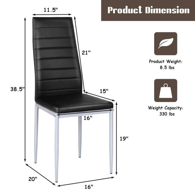 Juego de 4 sillas de comedor modernas de piel sintética negra de respaldo alto con patas de metal