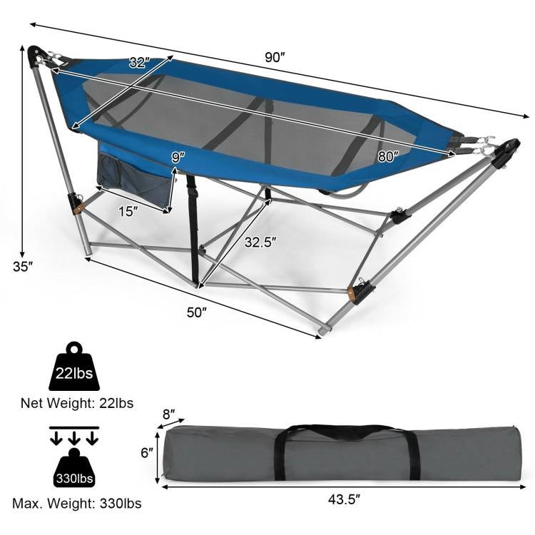 Hamaca portátil plegable de camping azul con soporte y estuche de transporte