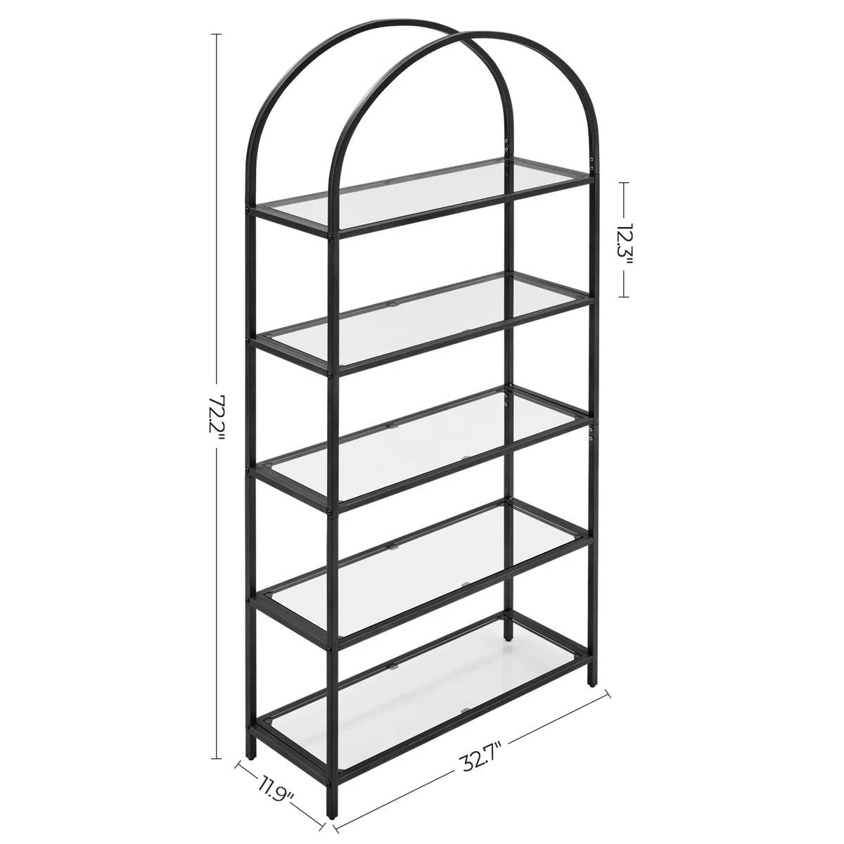 Estantería moderna de metal negro con parte superior arqueada y 5 estantes de cristal para almacenamiento