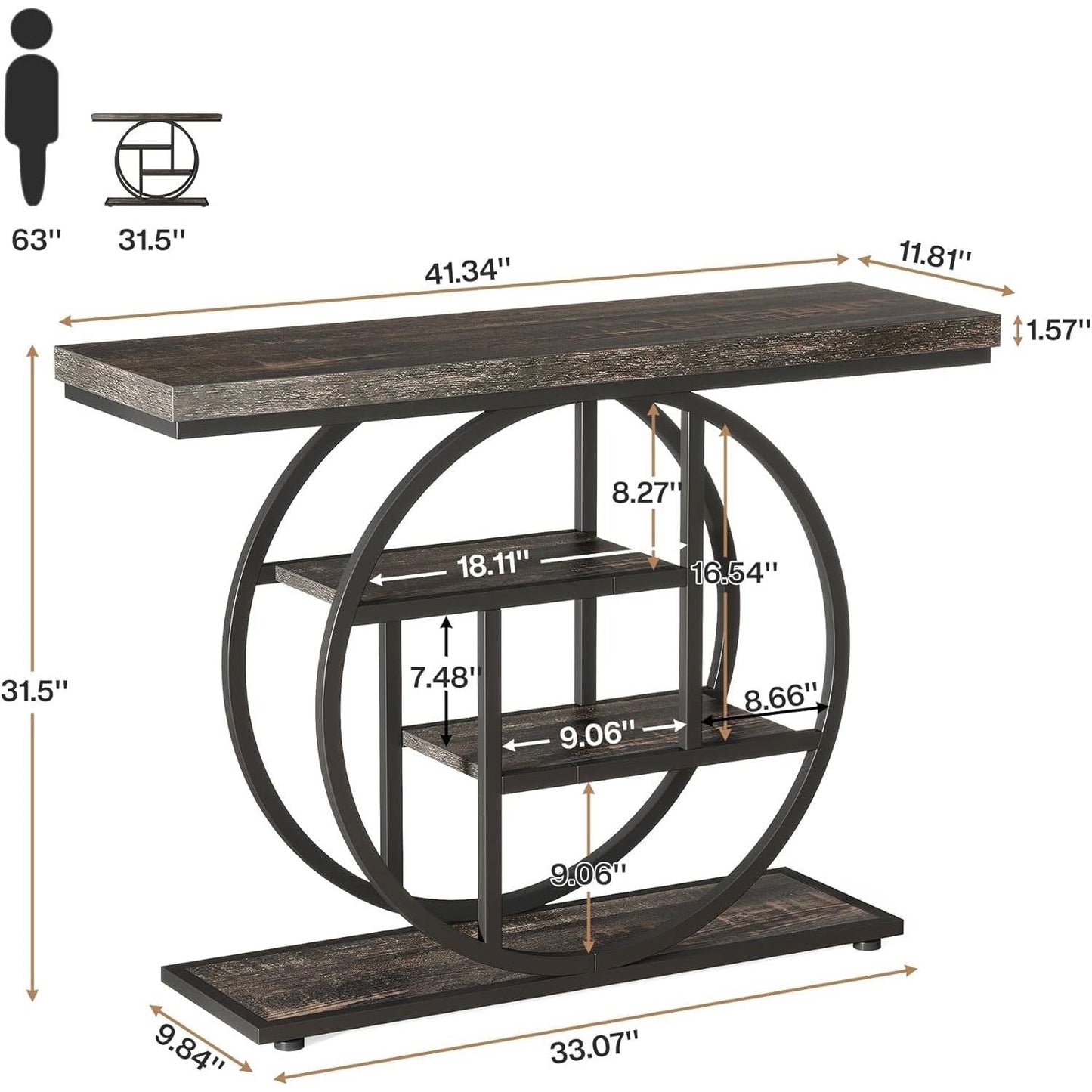 Mesa de entrada con base circular moderna de 41 pulgadas y estantes con acabado de madera negra