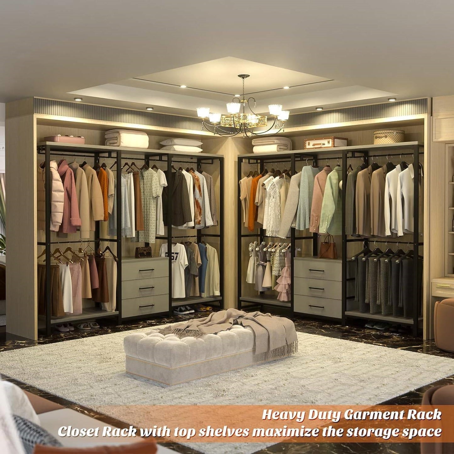 Heavy Duty Black Grey Freestanding Garment Rack Closet Wardrobe with 3 Drawers