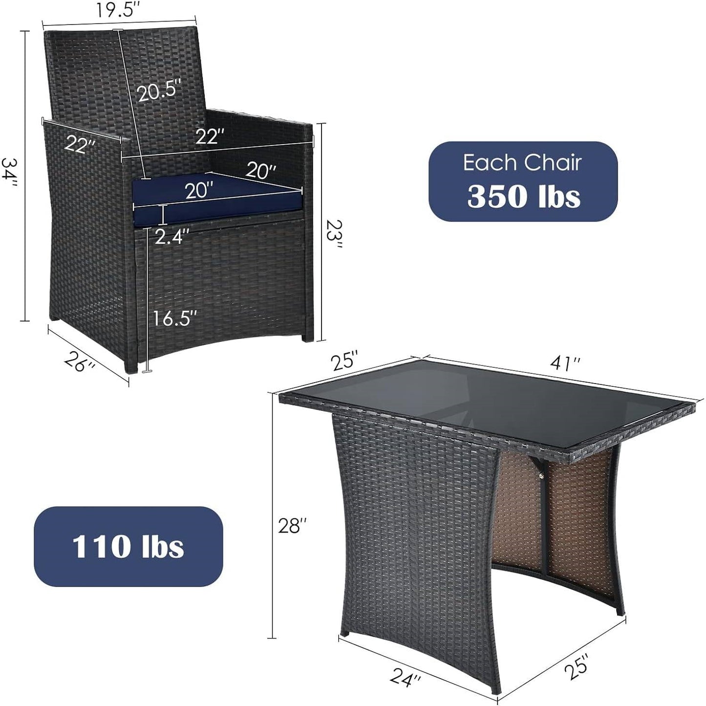 Juego de muebles de jardín de 3 piezas para comedor exterior, ratán PE marrón, cojines azul marino