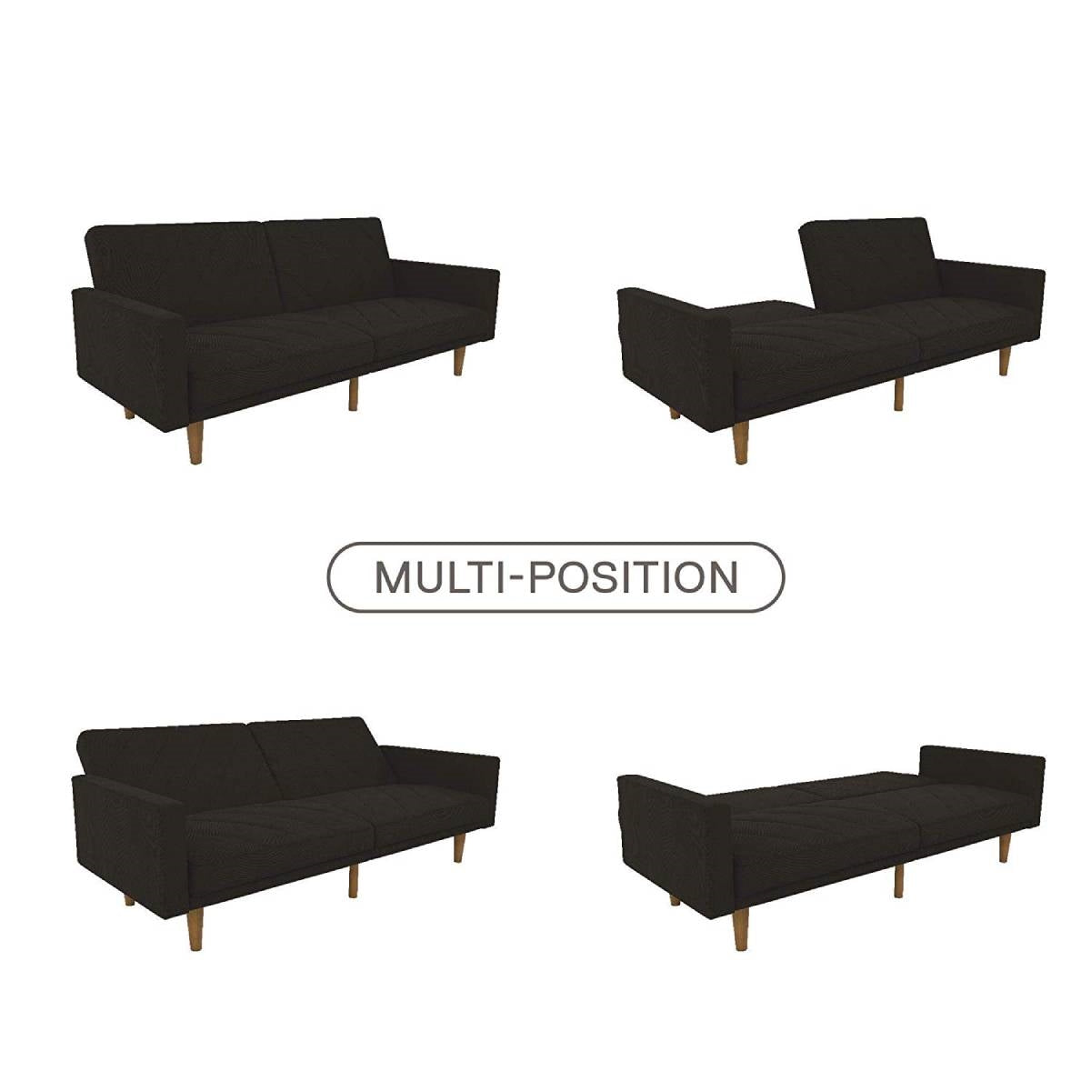 Sofá cama de lino tapizado negro de estilo moderno de mediados de siglo con patas de madera clásicas