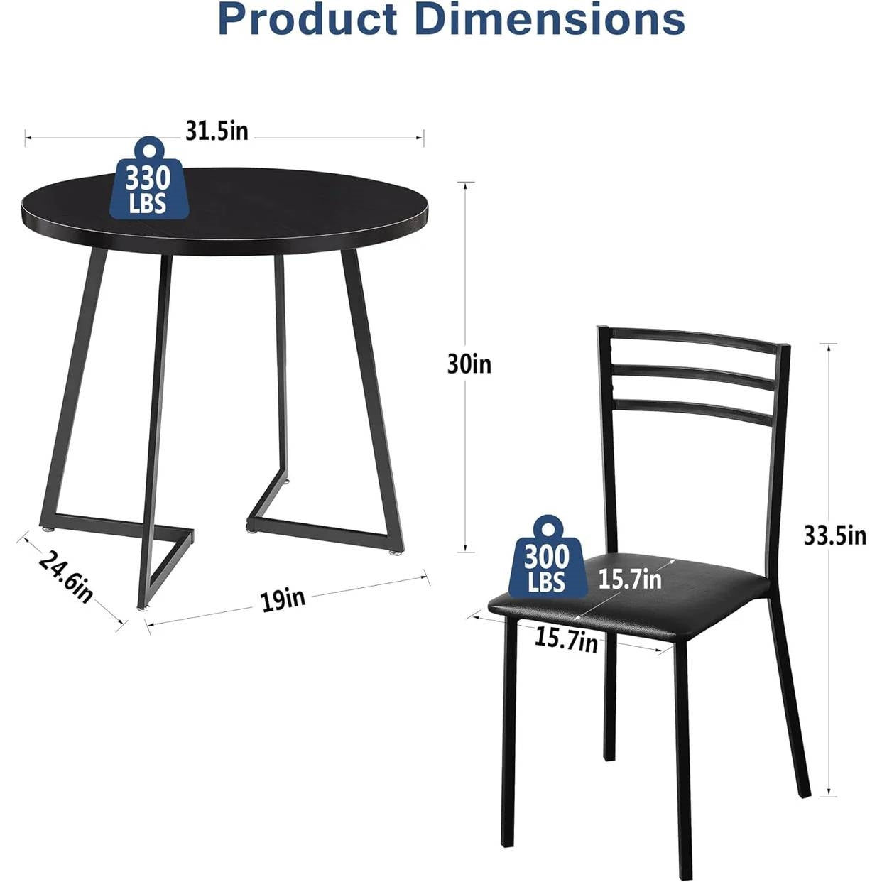 Juego de comedor moderno de 3 piezas para cocina con mesa redonda con tapa de madera negra y 2 sillas