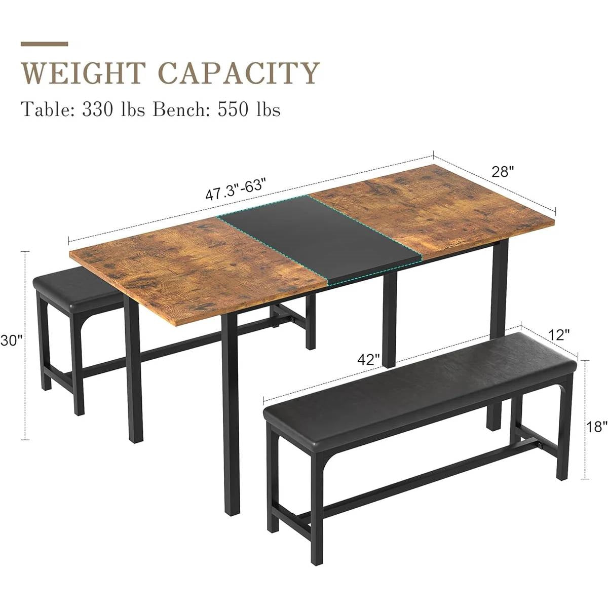 Juego de comedor moderno de 3 piezas con mesa de cocina extensible y 2 bancos sin respaldo
