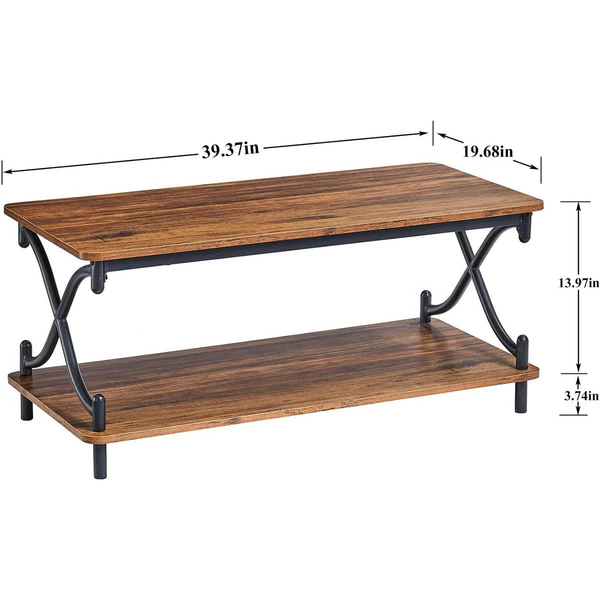 Mesa de centro moderna de metal negro industrial y madera marrón con estante de almacenamiento inferior