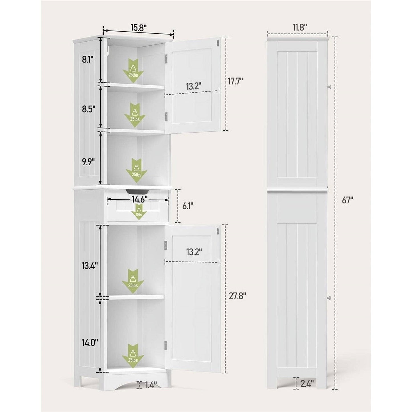 Mueble alto de baño blanco con 2 puertas, cajón de almacenamiento y estante