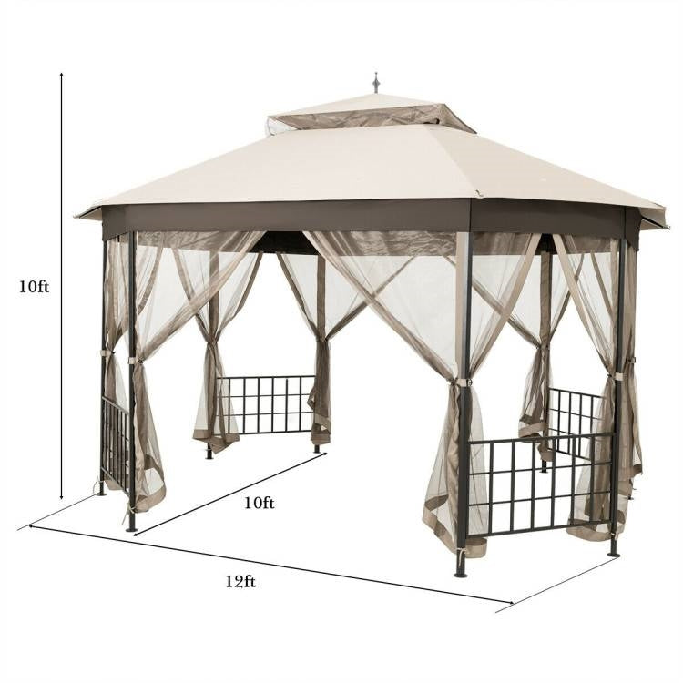 Cenador octogonal para exterior de 3 x 3.6 m con paredes de mosquitera y toldo beige