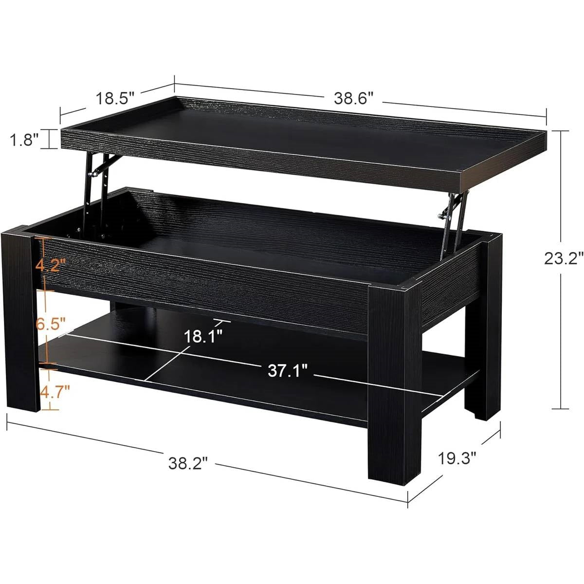Mesa de centro elevable moderna con bandeja para portátil y estante de almacenamiento en acabado de madera negra
