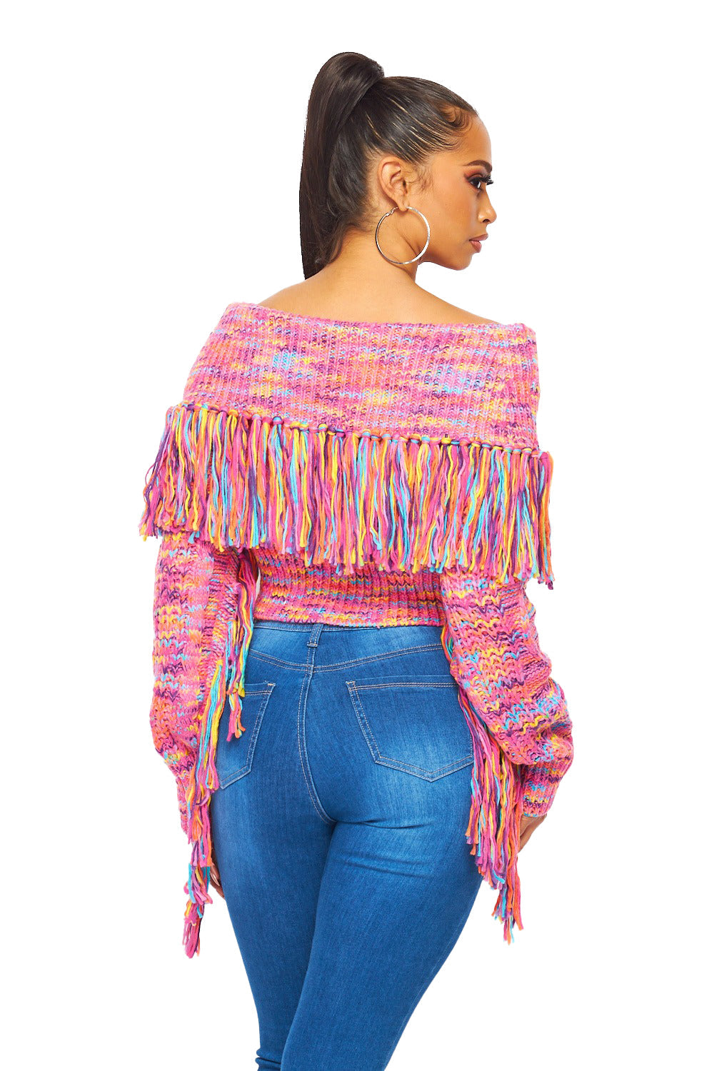 Multi Color Off the Shoulder Fringe Long Sleeve Sweater