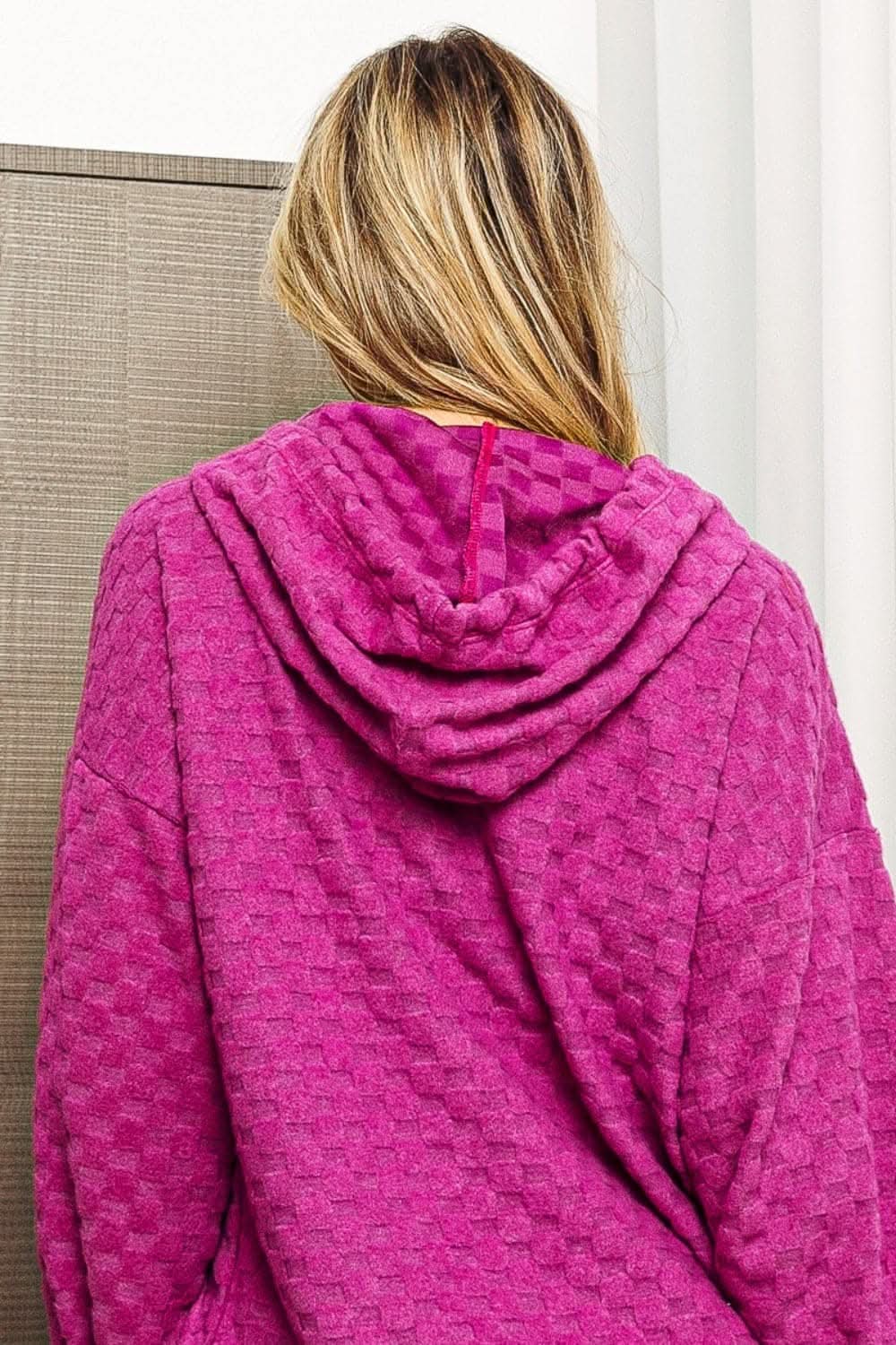 Trendsi Magenta Checker Hoodie with Brushed Drawstring