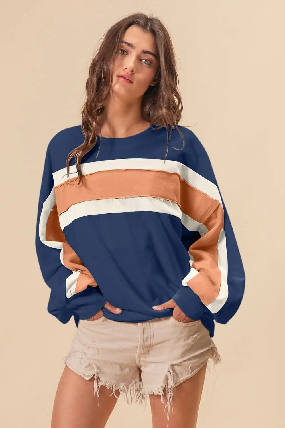 Jackets Trendsi BiBi French Terry Color Block Cut Edge Detail Swea