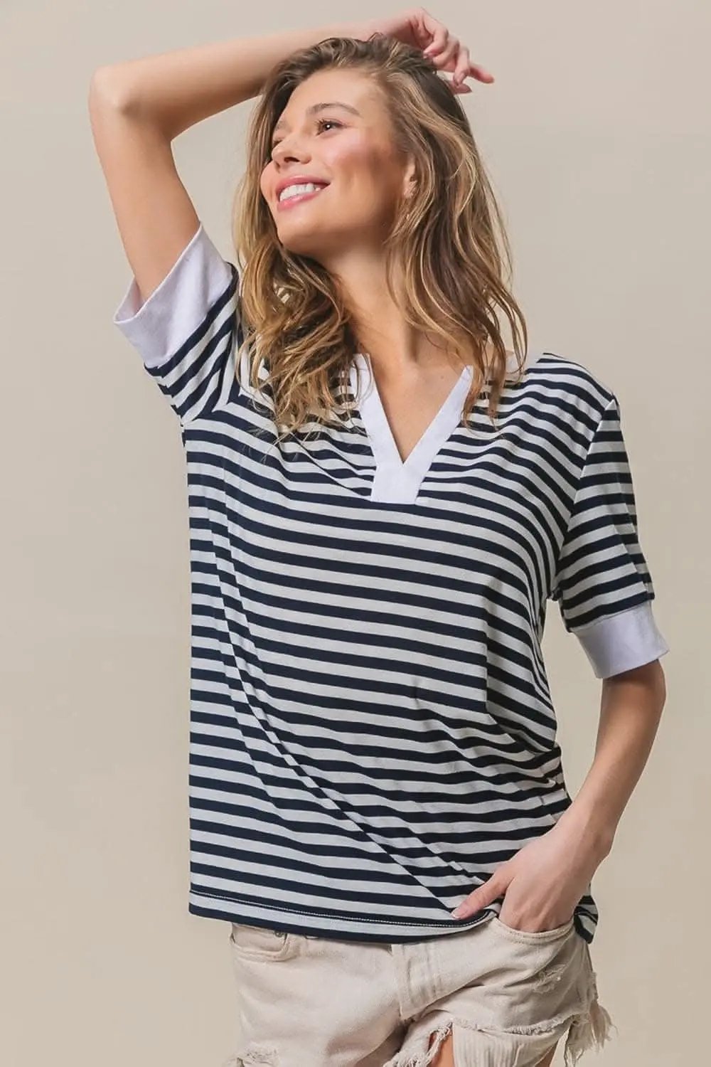 Sweaters Trendsi BiBi notched knit top with stripes