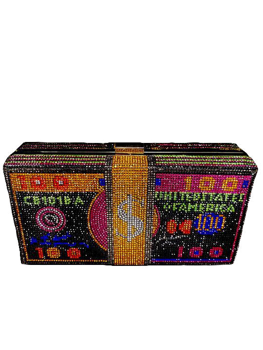 Cartera de Mano con Brillos de Dinero - Multicolor Negro