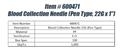 Aguja de extracción de sangre tipo bolígrafo (22G x 1")