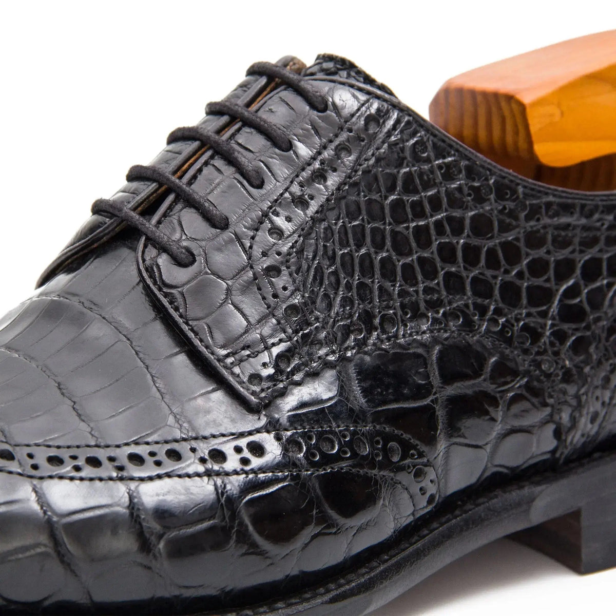 Black Wingtip Crocodile Leather Derby Shoes