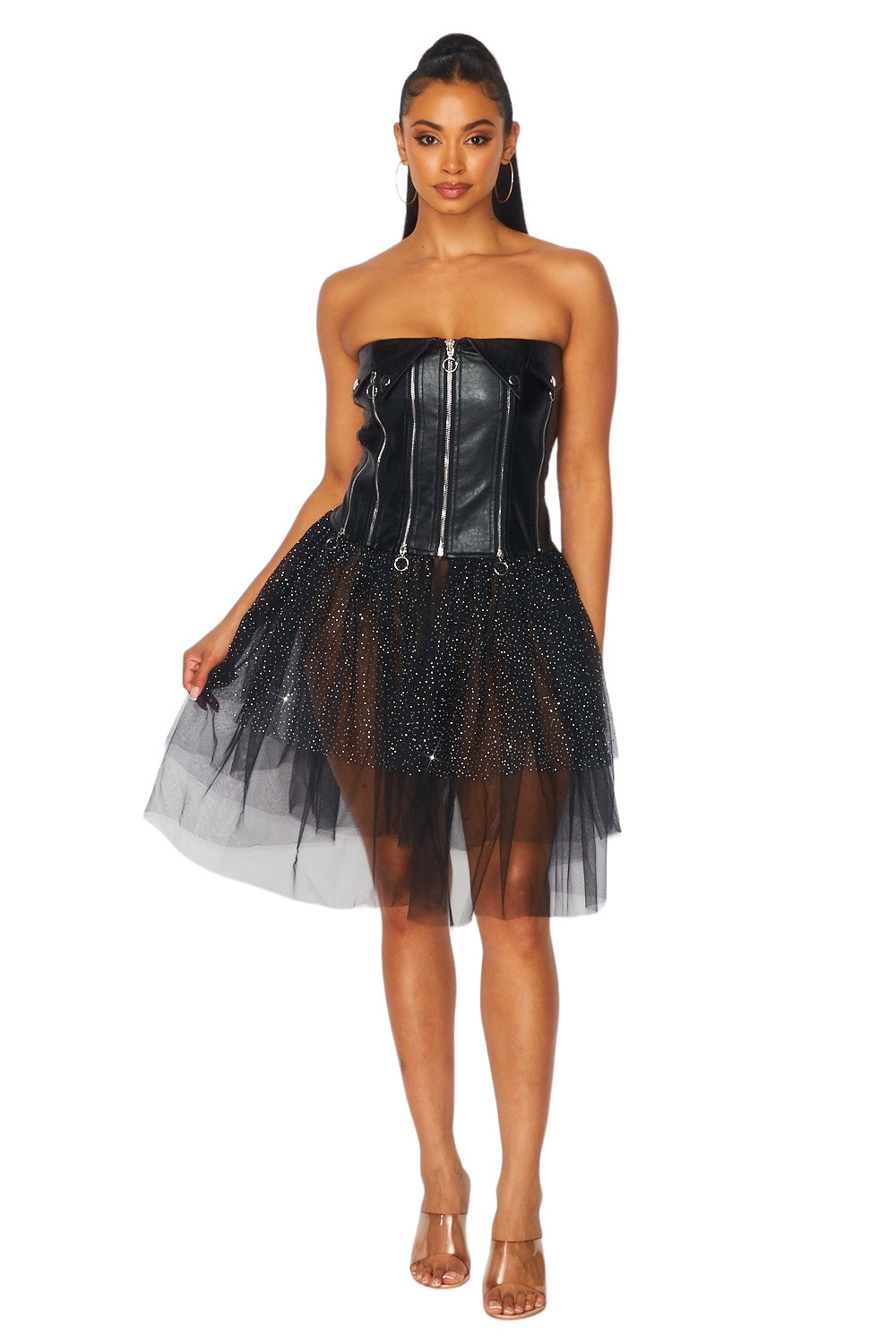 Vestido tubo de tul con cremallera de cuero vegano