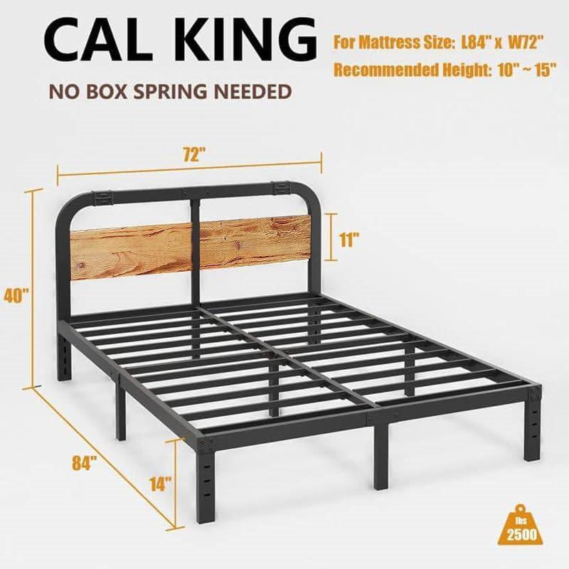 Armazón de cama de metal negro de alta resistencia tamaño California King con cabecero de panel de madera