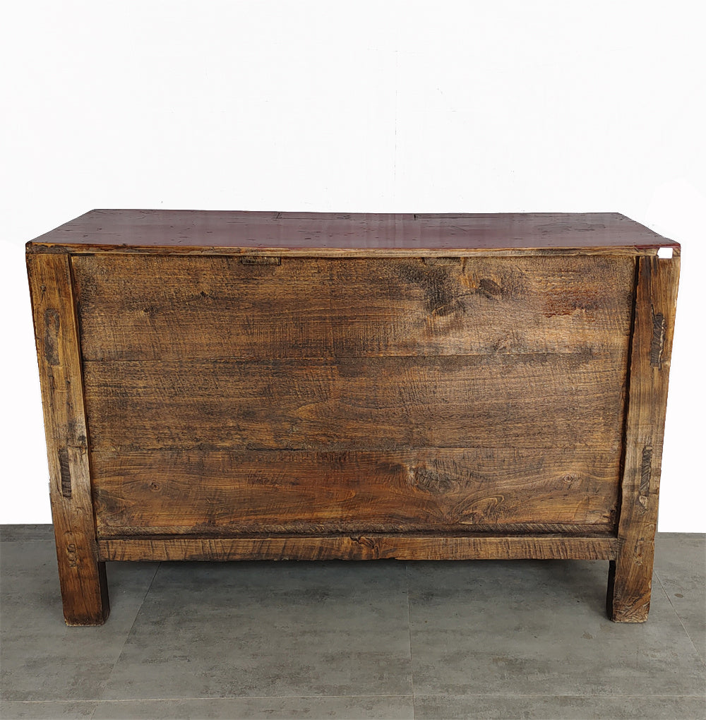 Antique Red Cabinet Table with Carved Border Doors