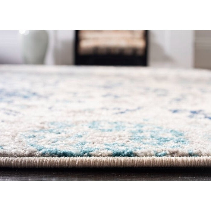 Alfombra de área interior con estampado de damasco en gris azulado costero de 5' x 7'