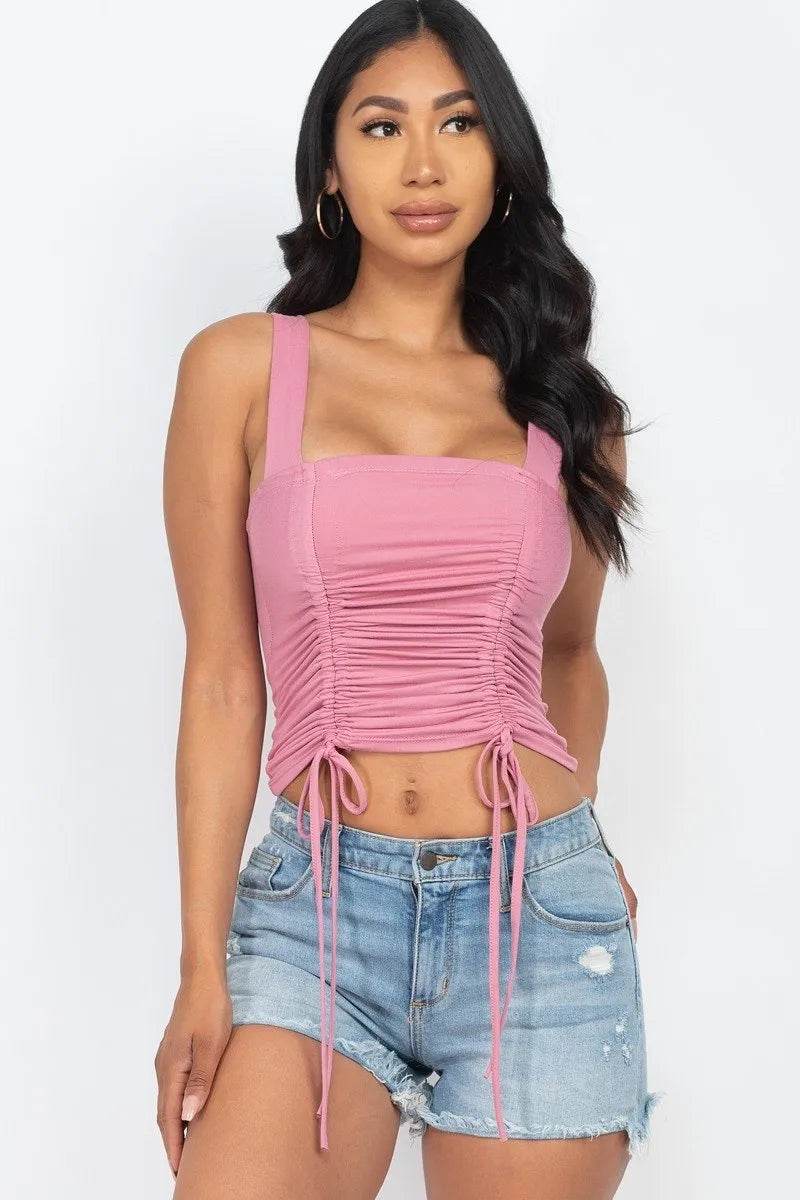 Adjustable Front Ruched With String Square Neck Crop Tops | Bona Fide Fashion