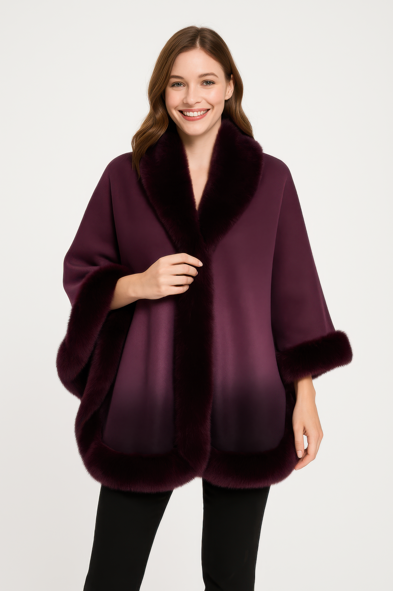 Ombre Faux Fur Trim Cape Wrap See size chart under “more details”