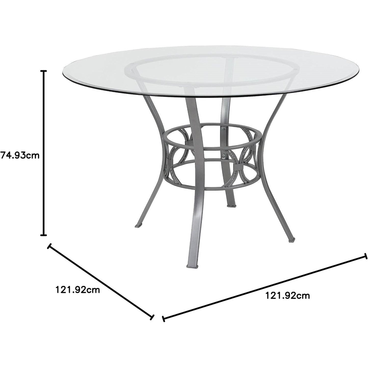 Mesa de comedor redonda de cristal de 48 pulgadas con estructura de metal plateado