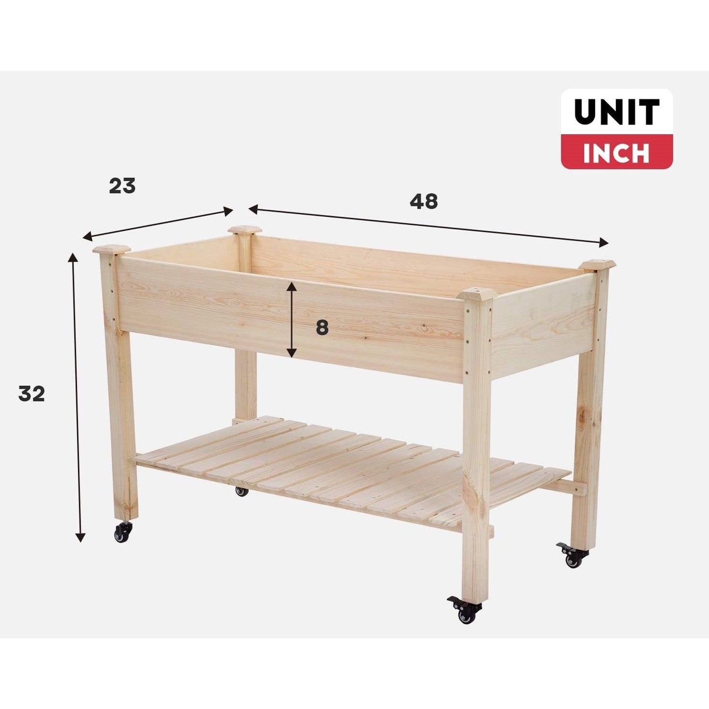 Macetero elevado para jardín de madera de abeto maciza para exteriores de 0.6 m x 1.2 m con ruedas con bloqueo
