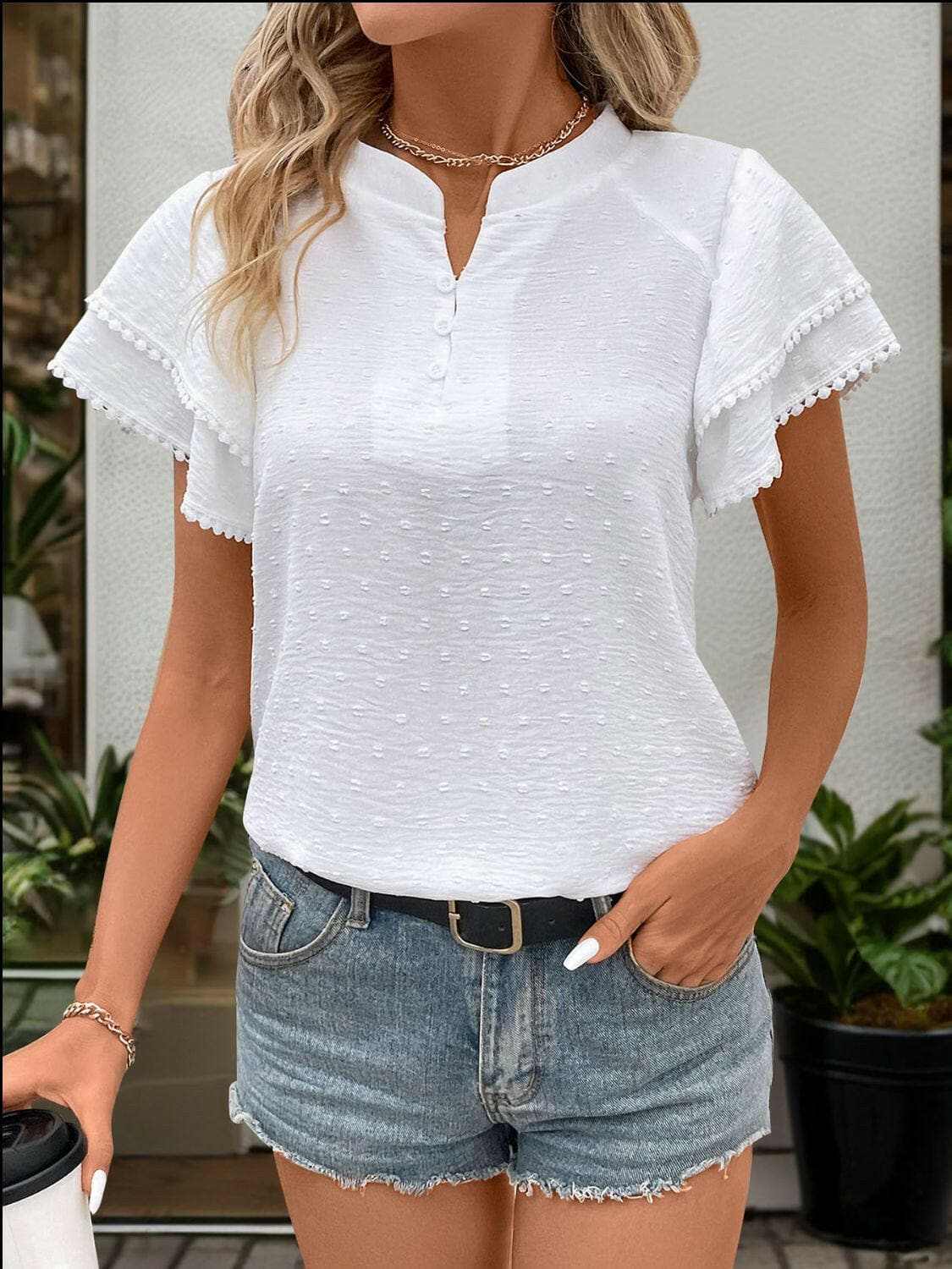 Women's Blouse Blouse - Swiss Dot Notched - Chic Style