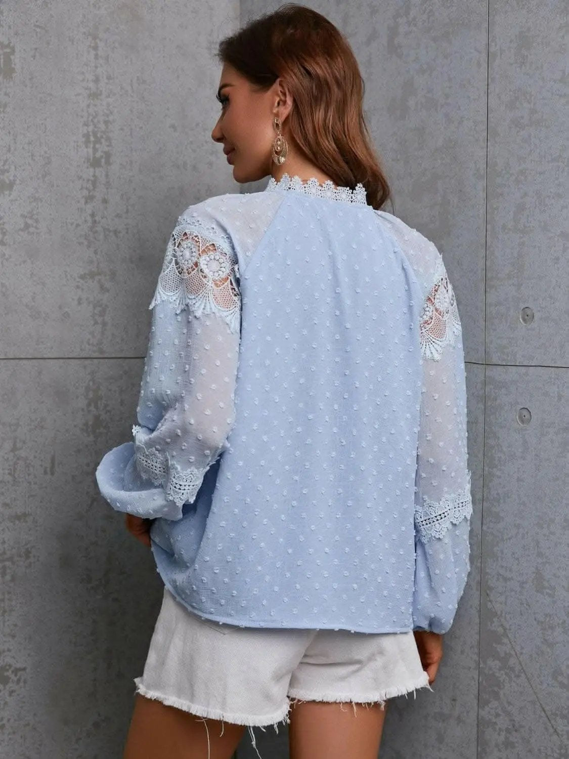 Crochet Tie Neck Blouse Wine by Trendsi