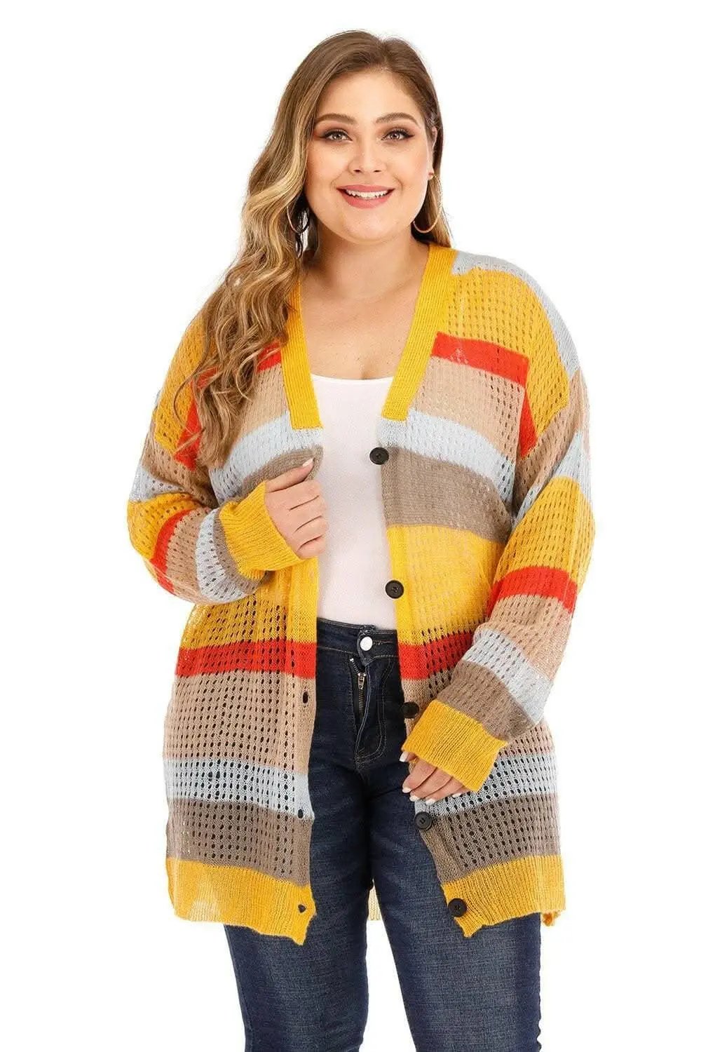 Plus Size Color Block Cardigan by Trendsi | Knit
