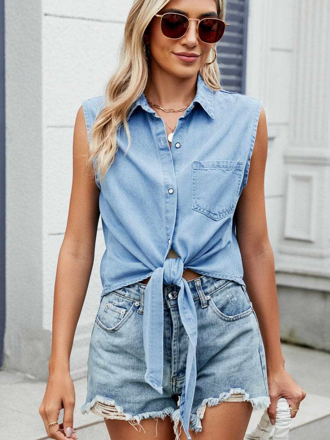 Accessories Trendsi Premium Chic sleeveless denim top - collared neck