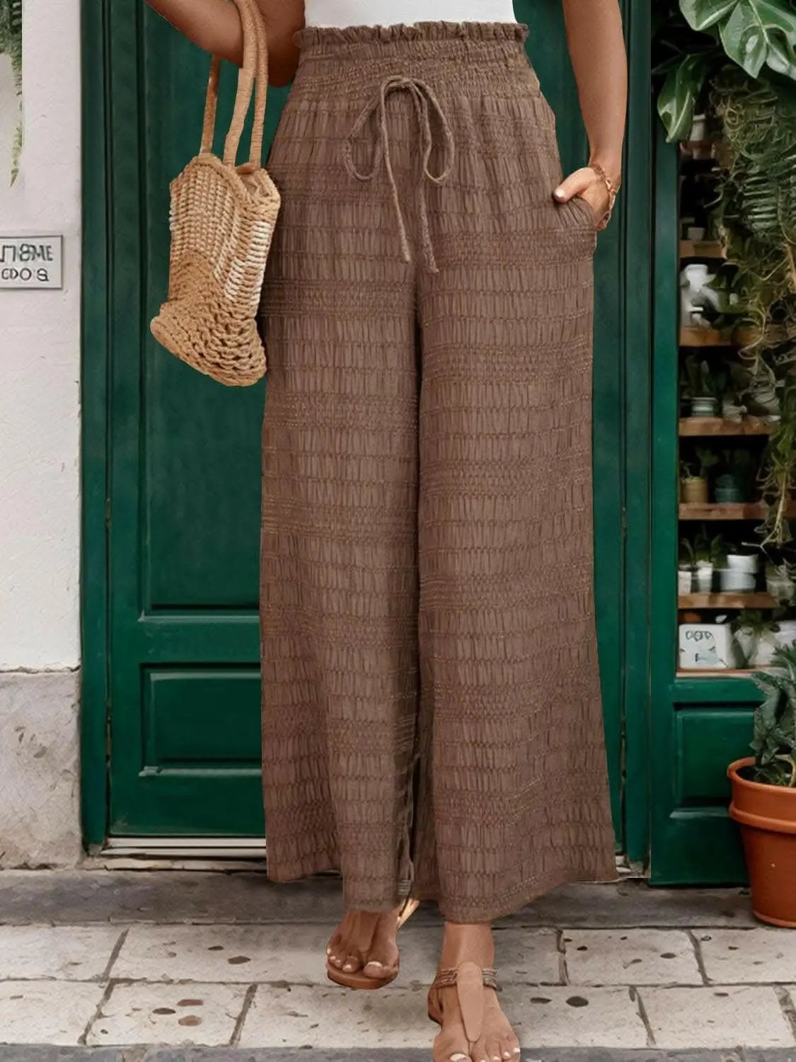 Trendsi Wide Leg Pants Brown with Tied Waist