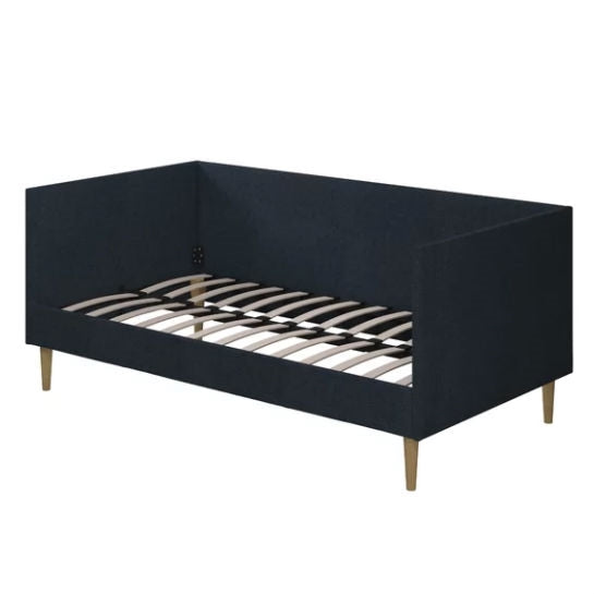 Sofá cama doble tapizado en lino azul oscuro de mediados de siglo