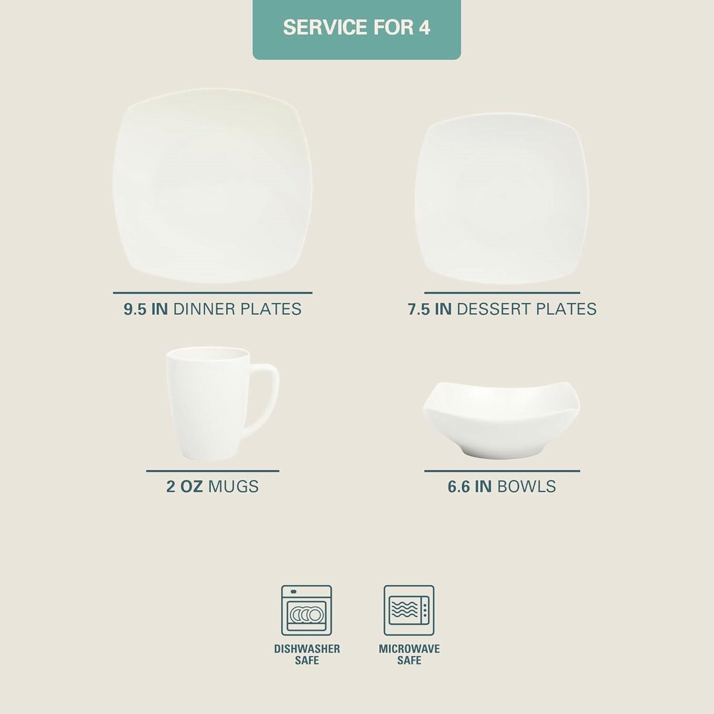 Juego de Vajilla Cuadrada de Porcelana Blanca de 16 Piezas - Servicio para 4