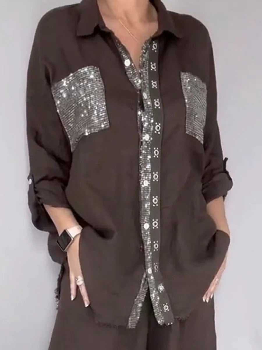 Women's Sequin Pocket & Placket Oversized Shirt & Wide-Leg Pants Set
