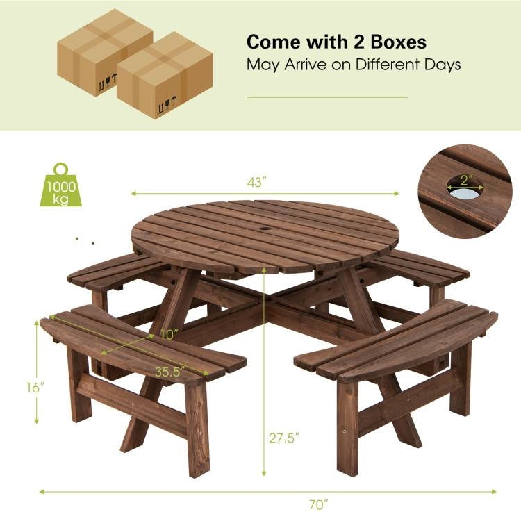 Mesa de pícnic redonda de madera maciza de exterior de 8 plazas con 4 bancos, conjunto de comedor para jardín o patio
