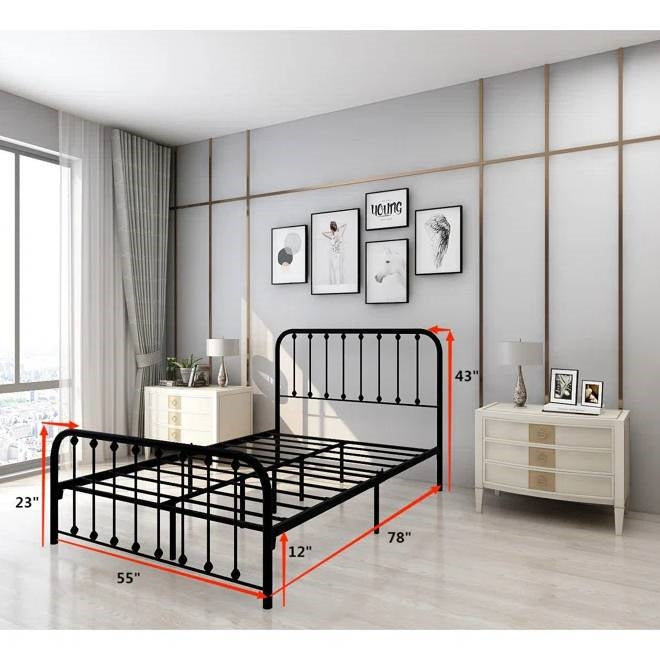 Estructura de cama metálica clásica negra de tamaño completo con cabecera y pie de cama de rejilla