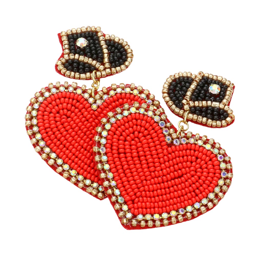 Felt Back Beaded Hat Heart Link Dangle Earrings