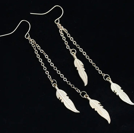 Trendy Leaf Earrings with Tassel Chain and Feathers