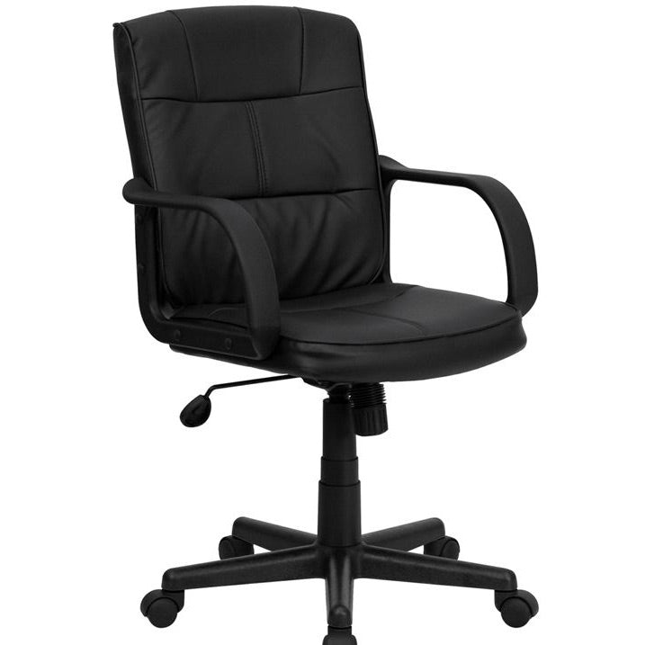 Silla de Oficina Negra de Poliuretano y Cuero de Respaldo Medio con Brazos de Nylon