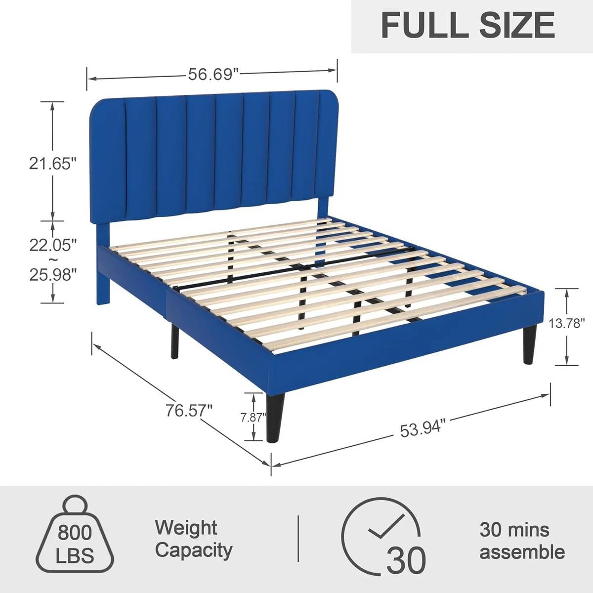 Base de cama tapizada azul tamaño matrimonial con cabecero