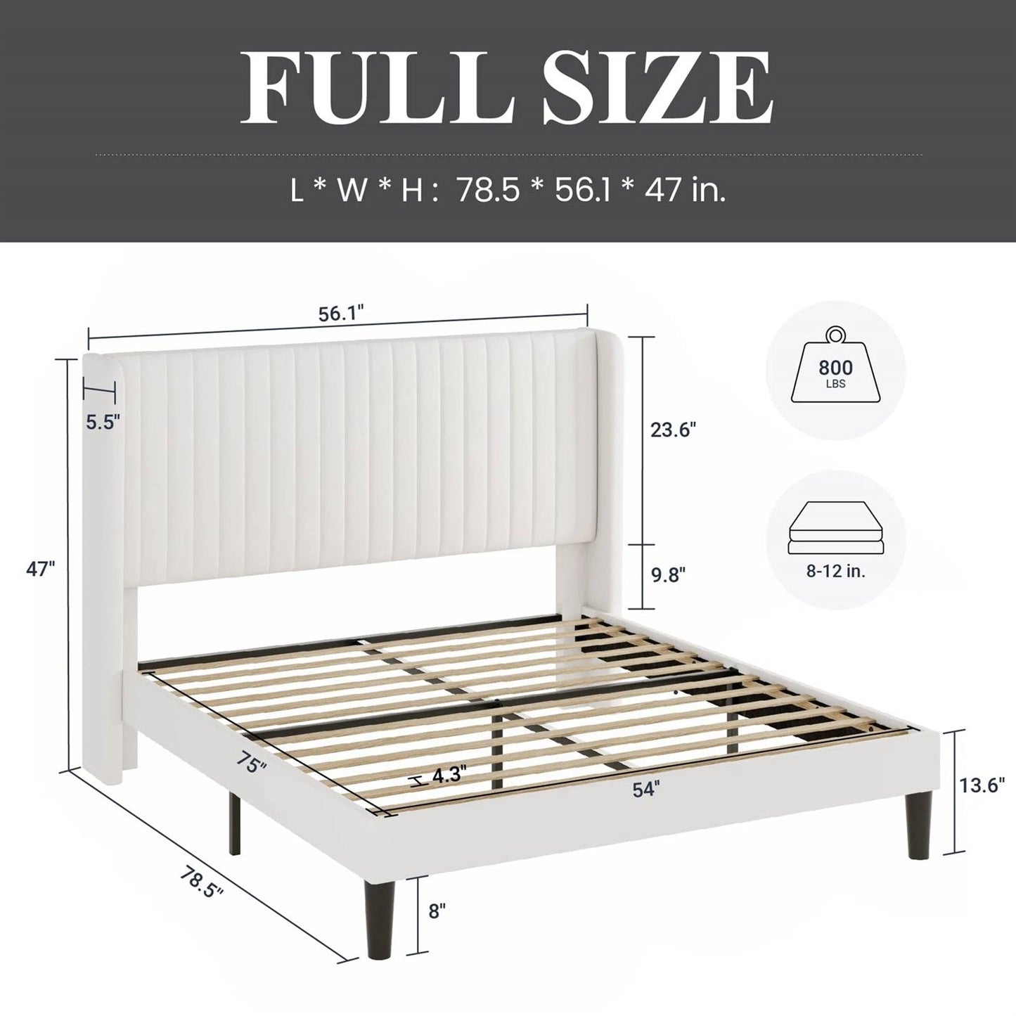 Full size White Velvet Upholstered Platform Bed Frame with Wingback Headboard