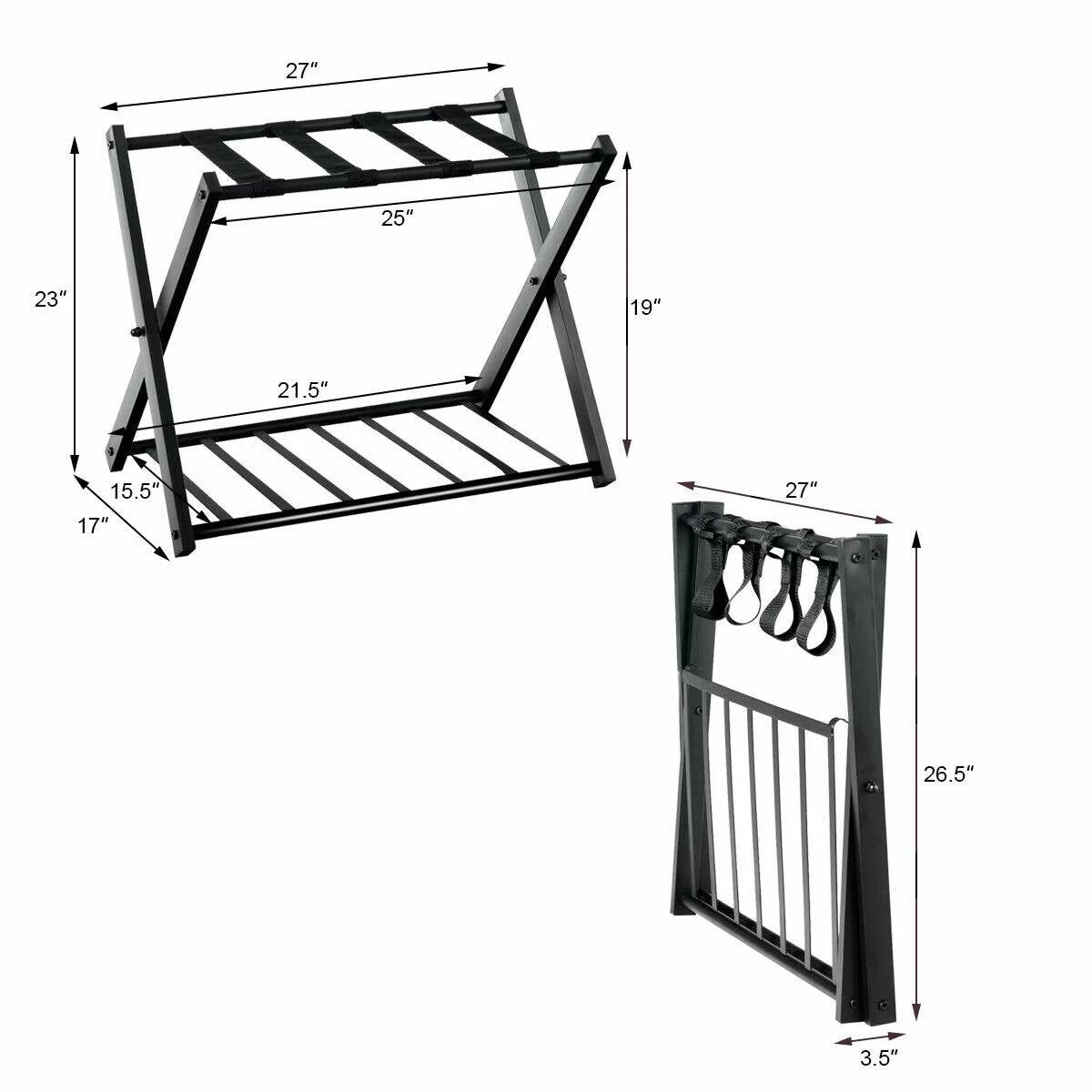 Juego de 2 - Maletero plegable de metal negro con estante inferior de almacenamiento