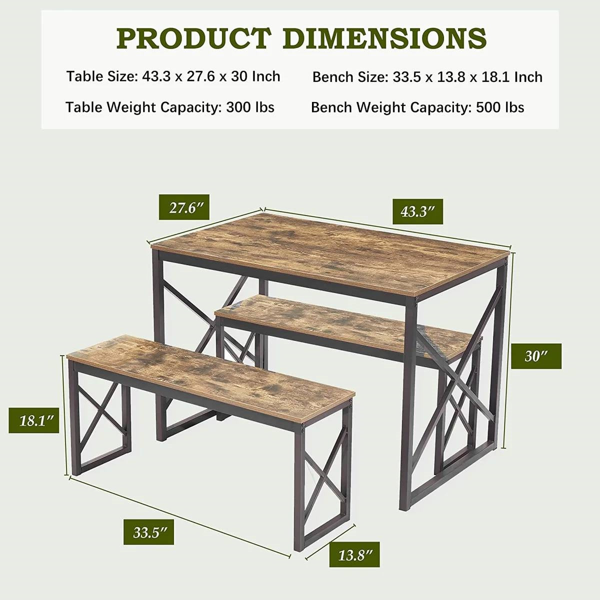 Mesa de comedor de cocina moderna industrial con tapa de madera y 2 bancos sin respaldo