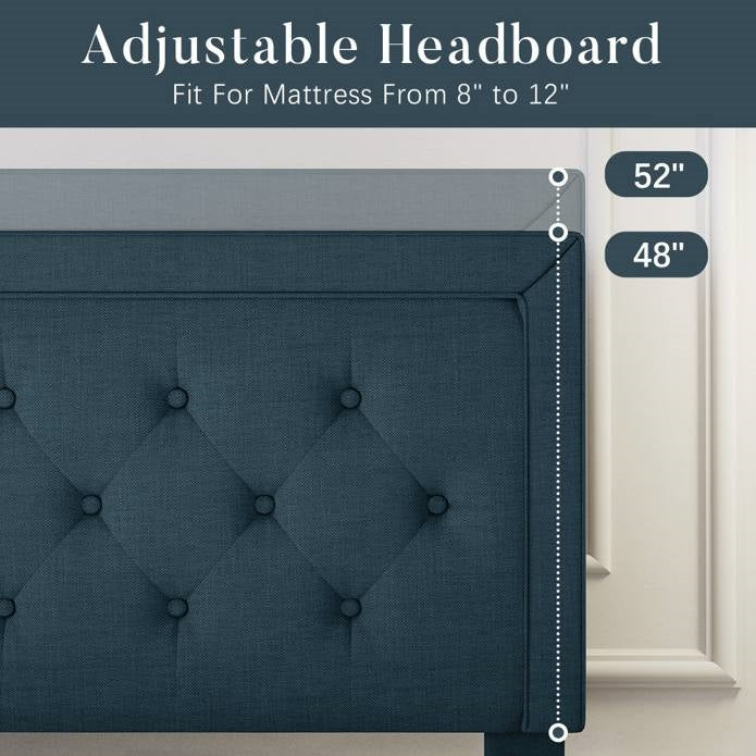 Base de cama con plataforma de altura ajustable tamaño matrimonial con cabecero tapizado azul