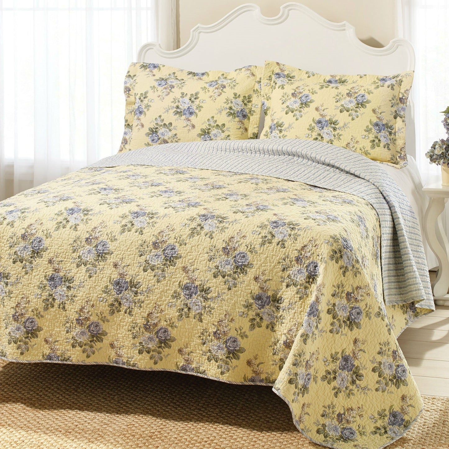 Juego de colcha ligera con estampado floral azul y amarillo, tamaño Full / Queen