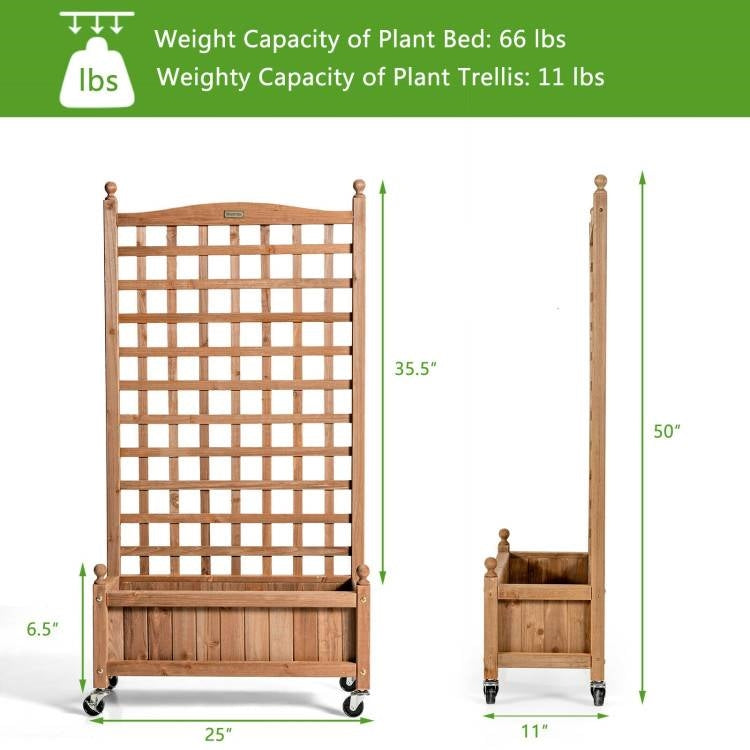 Cama de jardín elevada de madera maciza para exteriores, jardinera móvil con enrejado sobre ruedas