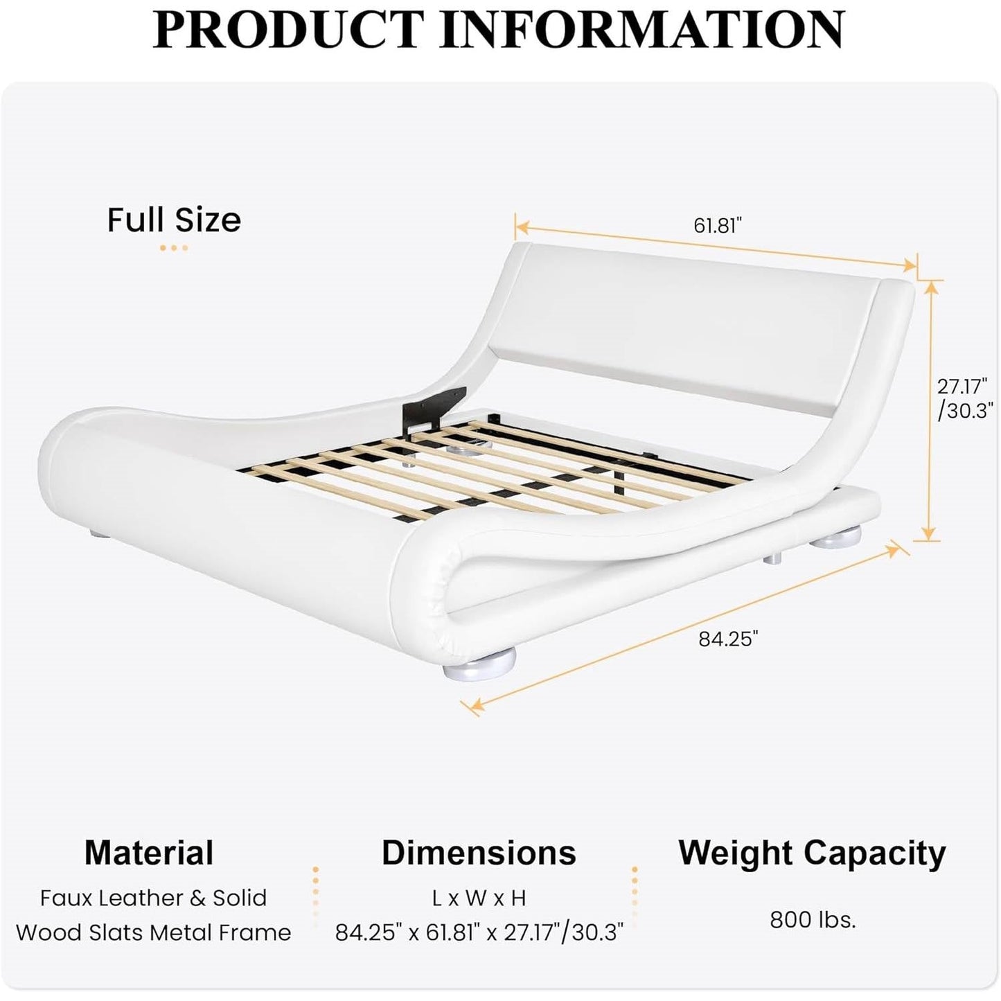 Base de cama de plataforma tapizada en blanco moderno completo con cabecero curvo tipo trineo