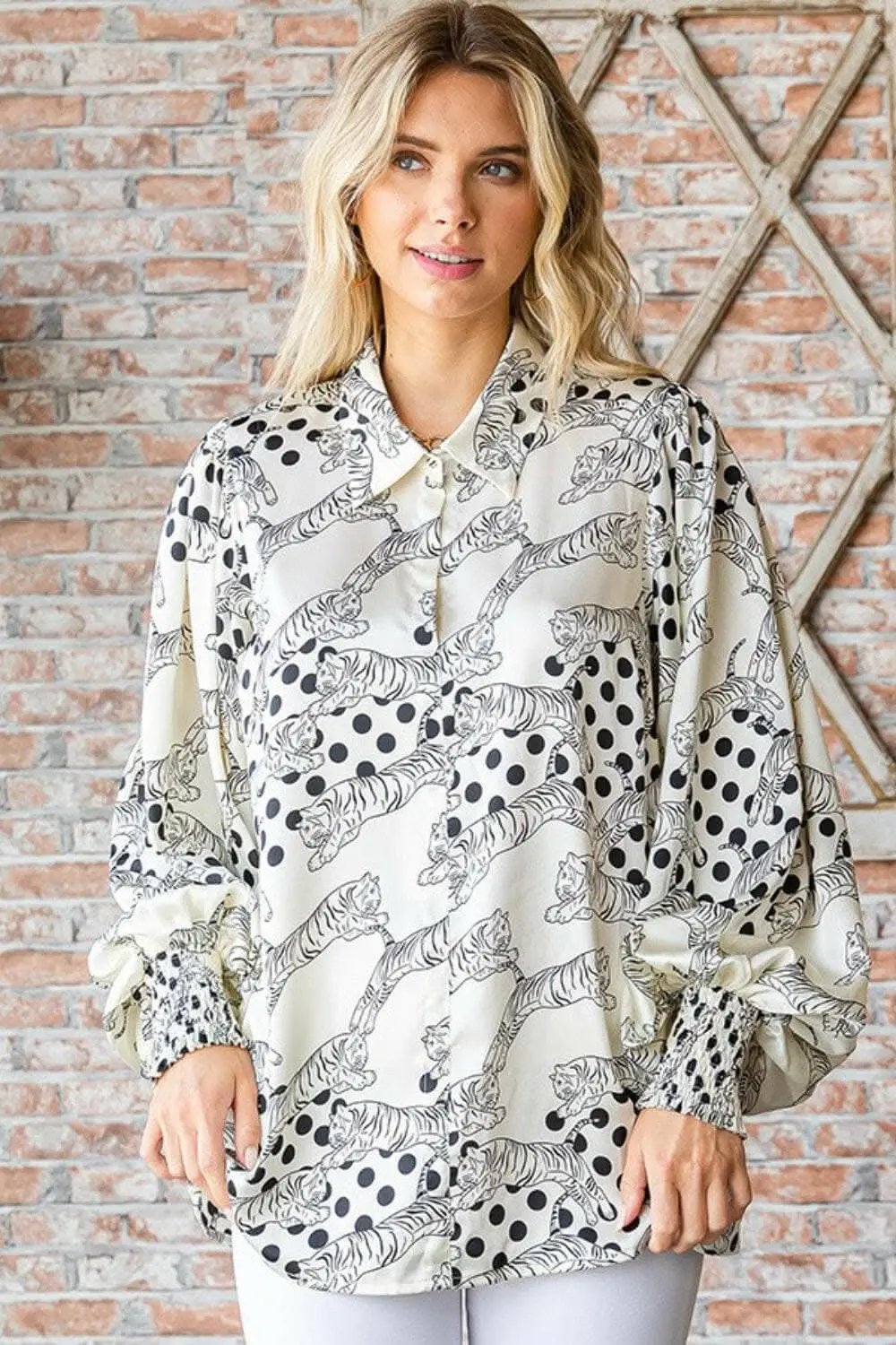 Trendsi Tiger Print Long Sleeve Top — Collared Button-Down Shirt